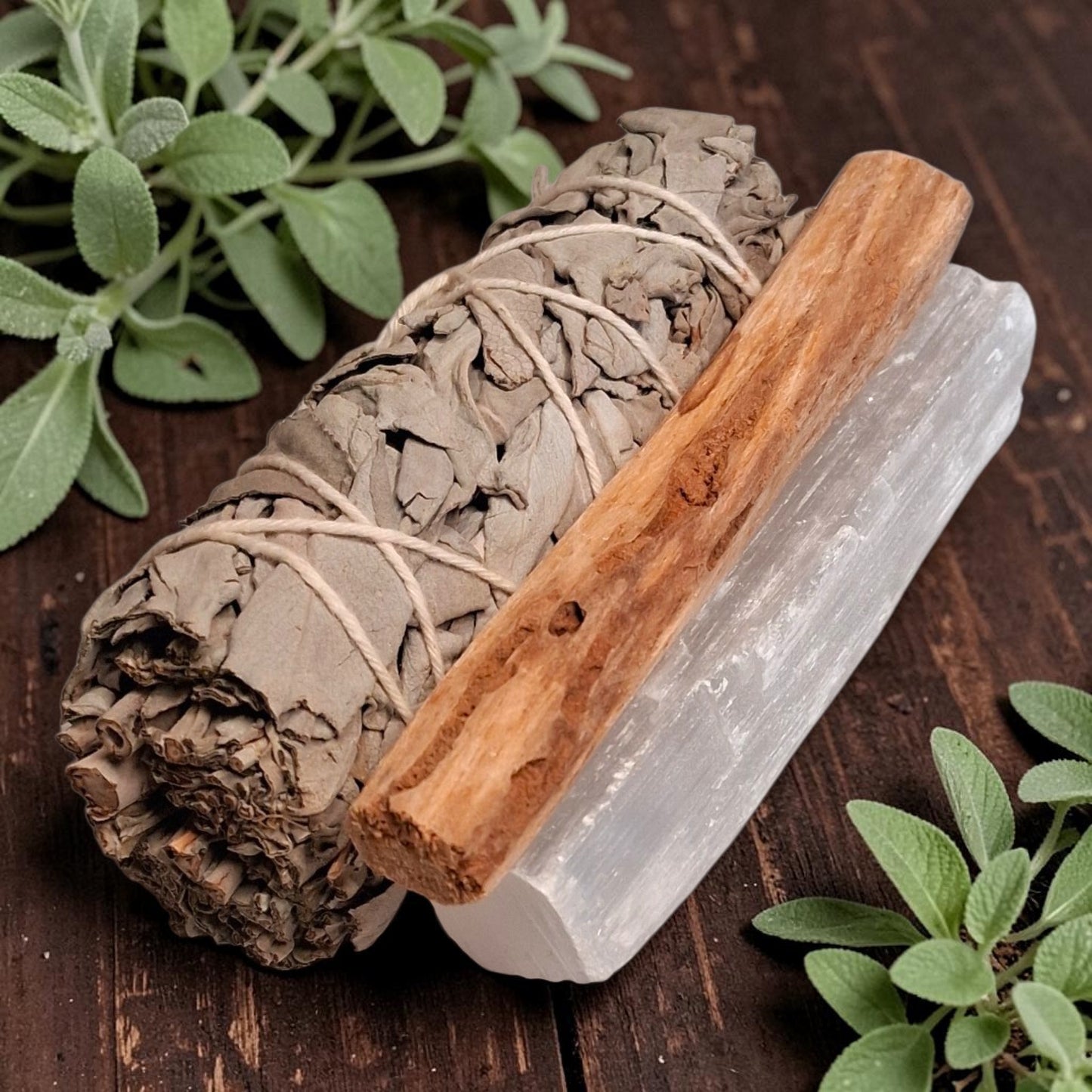 Sacred Energy Cleansing Set | White Sage, Palo Santo & Selenite Crystal Smudging Kit