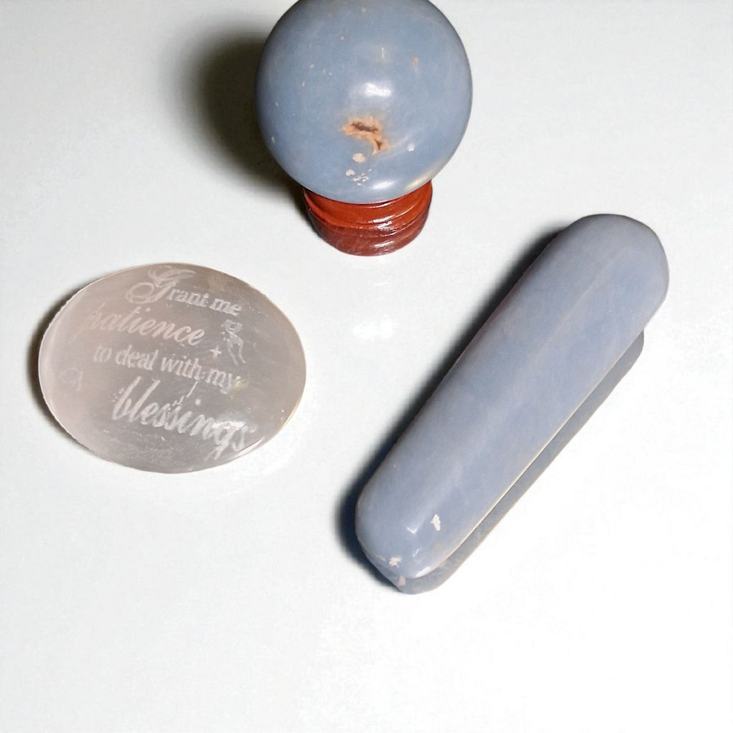 Angelite Sphere (40mm), Angelite Wand (3"), & Selenite Palm Stone (2") – Crystal Healing Set