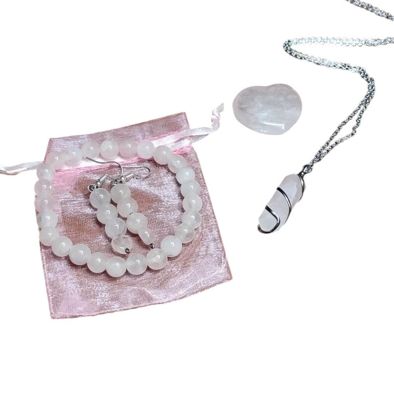 Rose Quartz Crystal Jewelry Set – Necklace, Bracelet, Earrings & Palm Stone with Gift Bag