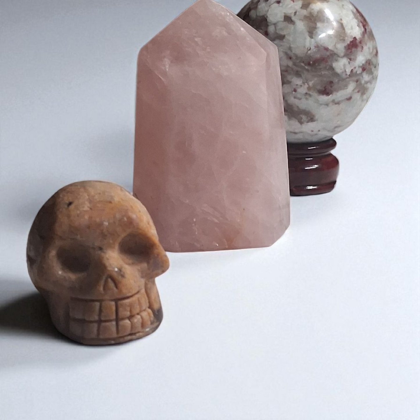 Rubellite Tourmaline Sphere (80mm), Rubellite Tourmaline Skull (2"), & Rose Quartz Tower (3") – Crystal Healing Set