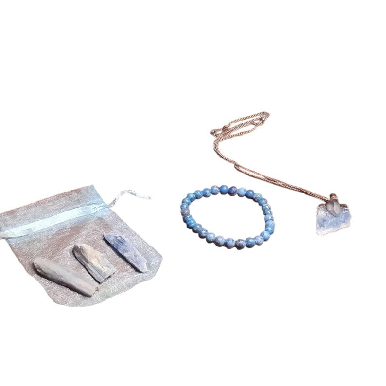 Lapis Lazuli Bracelet with Raw Kyanite Pendant Necklace & 3 Kyanite Crystal Pieces – Healing Crystal Set