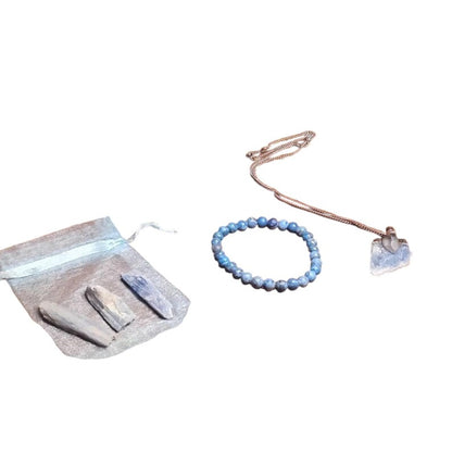 Lapis Lazuli Bracelet with Raw Kyanite Pendant Necklace & 3 Kyanite Crystal Pieces – Healing Crystal Set