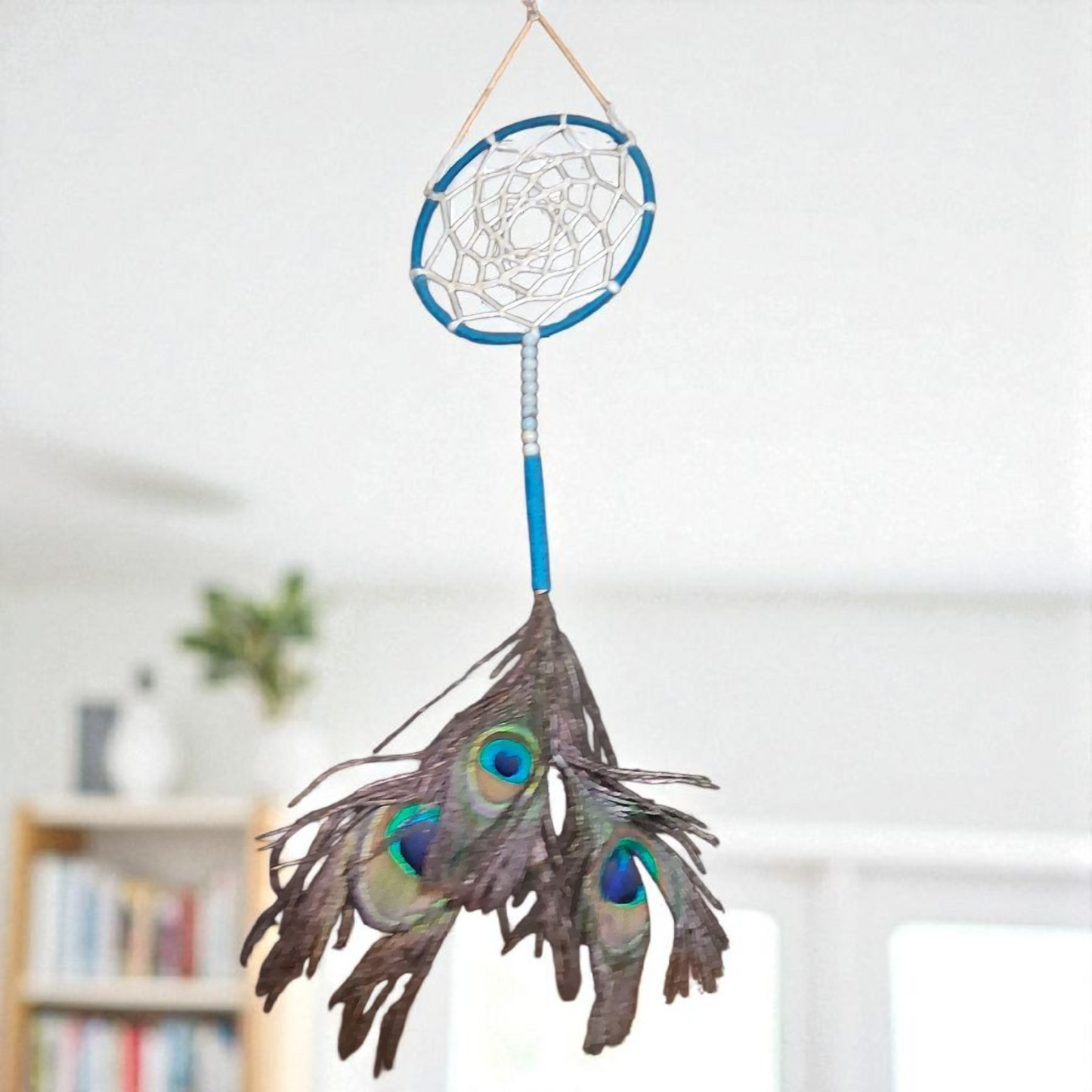 Peacock Feather Dream Catcher – 4x12 Blue and White Handmade Boho Wall Hanging for Protection & Positive Energy