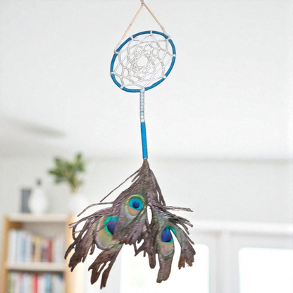 Peacock Feather Dream Catcher – 4x12 Blue and White Handmade Boho Wall Hanging for Protection & Positive Energy