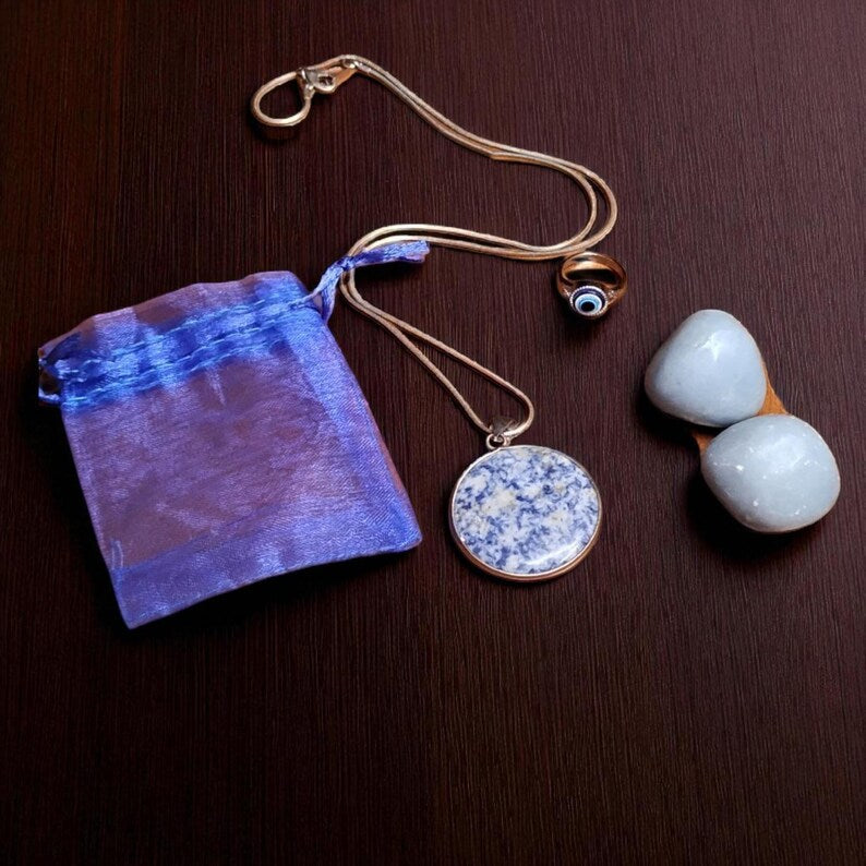 Sodalite Pendant Necklace with Angelite Stones & Evil Eye Protection Ring Set