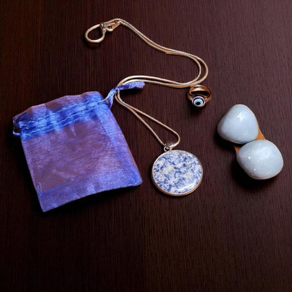 Sodalite Pendant Necklace with Angelite Stones & Evil Eye Protection Ring Set