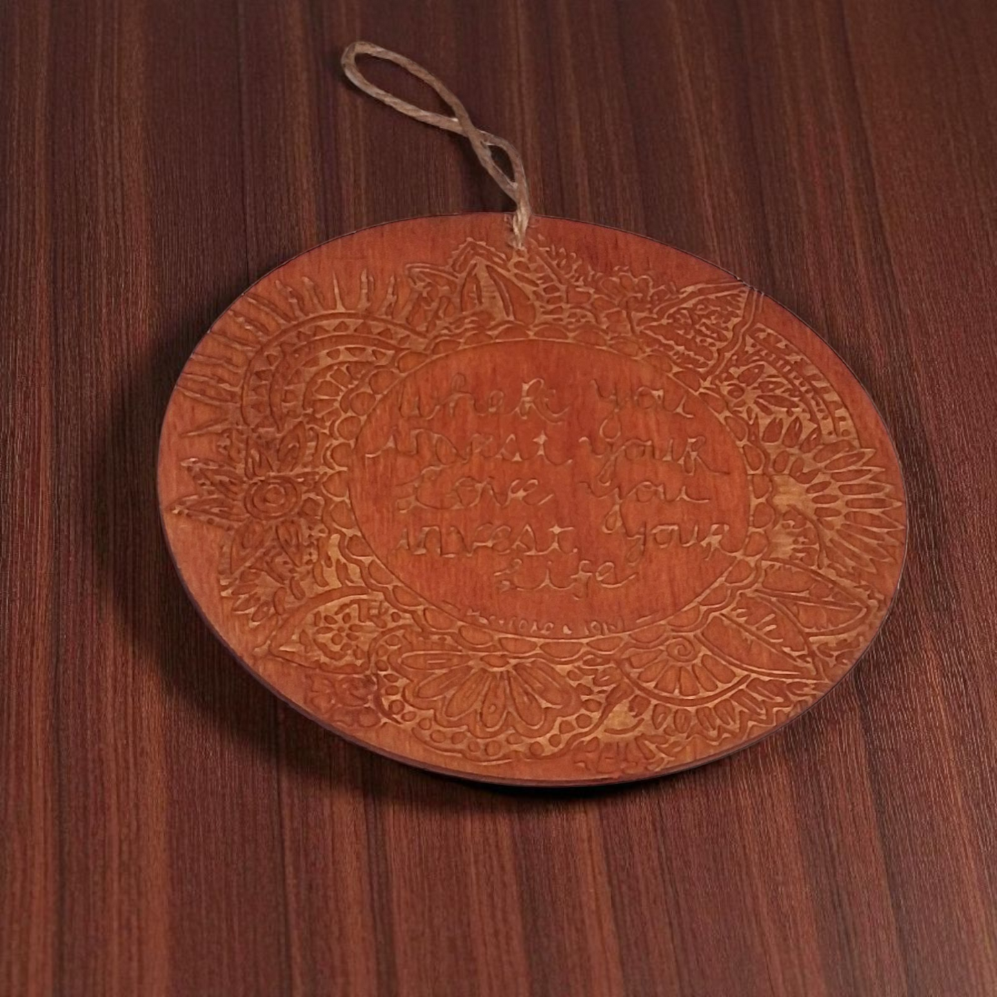 Engraved Wooden Wall Hanging – 6" Mandala Design with Quote “What You Invest Your Love, You Invest Your Life”