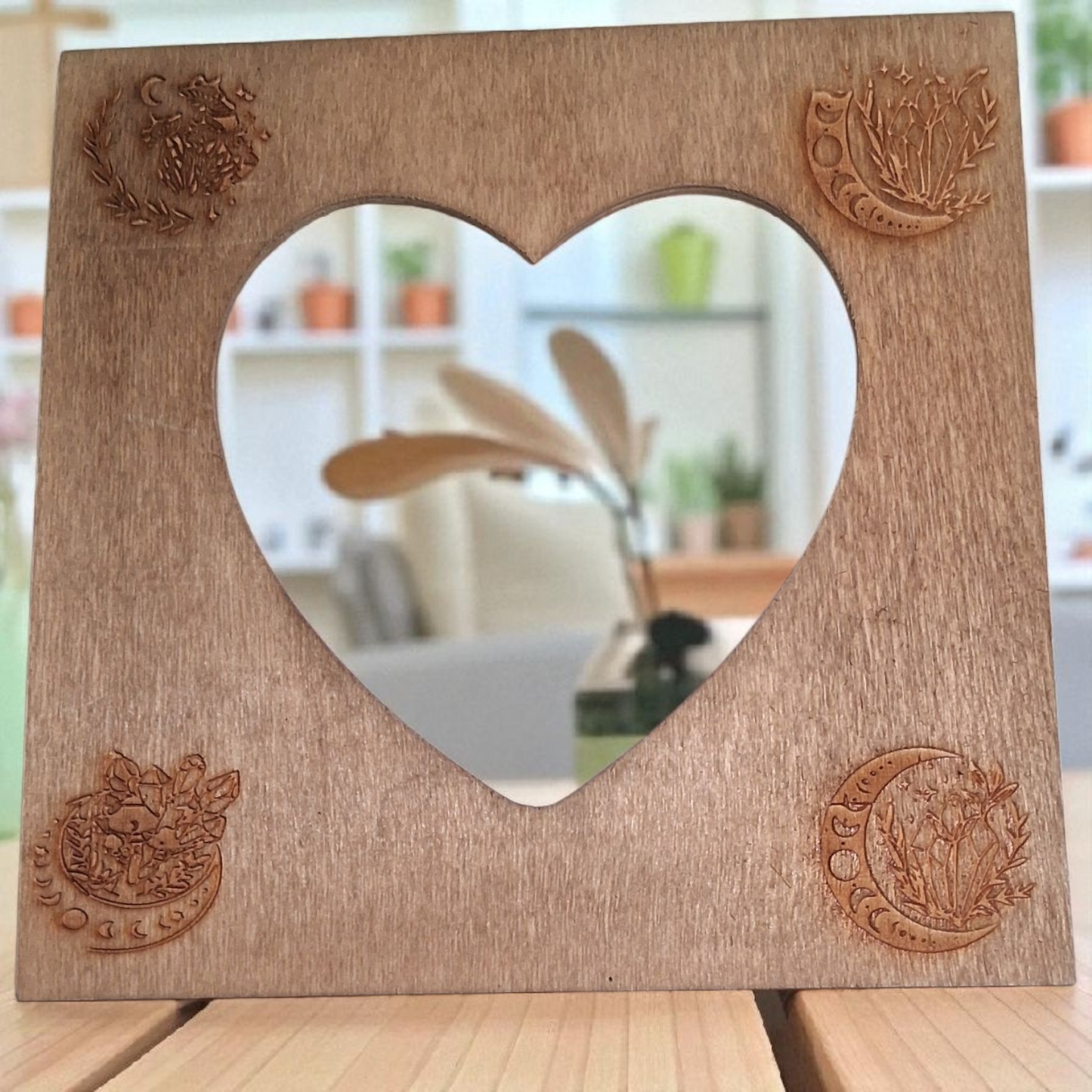 Engraved Wooden Heart Picture Frame – Moon Phase & Botanical Design – 7x7 Boho Spiritual Home Decor
