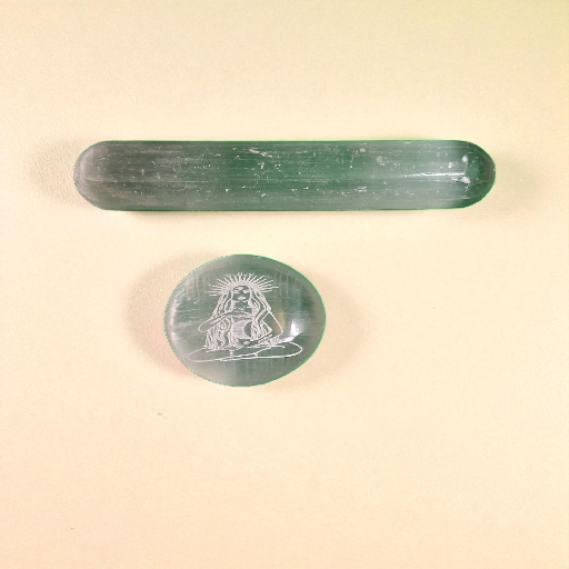 Selenite Wand & Engraved Palm Stone – Crystal Energy Cleansing & Meditation Set