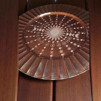 Engraved Copper Plate – 12" Decorative Tray with Sun & Moon Phase Mandala Design
