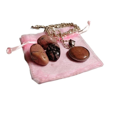 Rhodochrosite Pendant Necklace with Rhodolite Tumbled Stones & Gift Bag Set