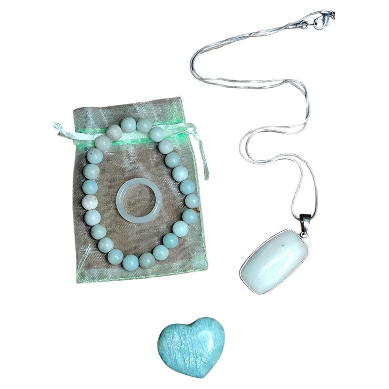 Amazonite Crystal Jewelry Healing Set Pendant Necklace, Bracelet, Heart Stone & Ring with Gift Bag