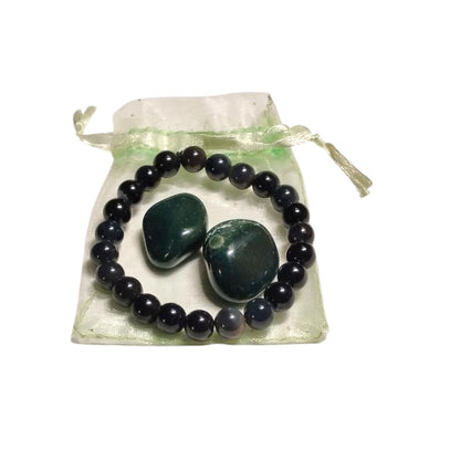 Agate 8mm Bracelet with 2 Bloodstone Tumbled Crystals – Strength, Vitality & Grounding Set