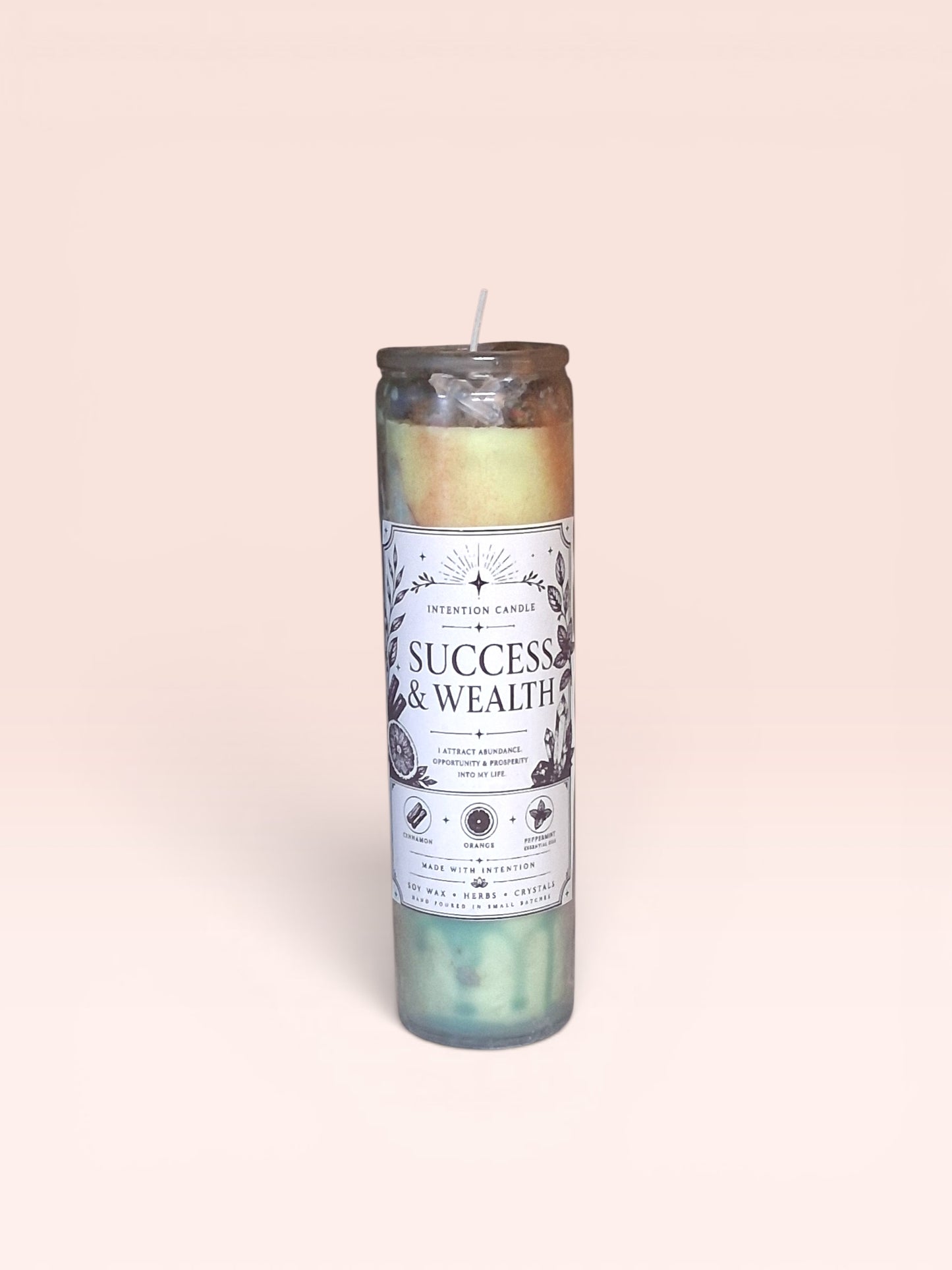 Success & Wealth Intention Candle | Cinnamon, Orange & Peppermint Essential Oil | Crystal & Herb Infused Spiritual Candle