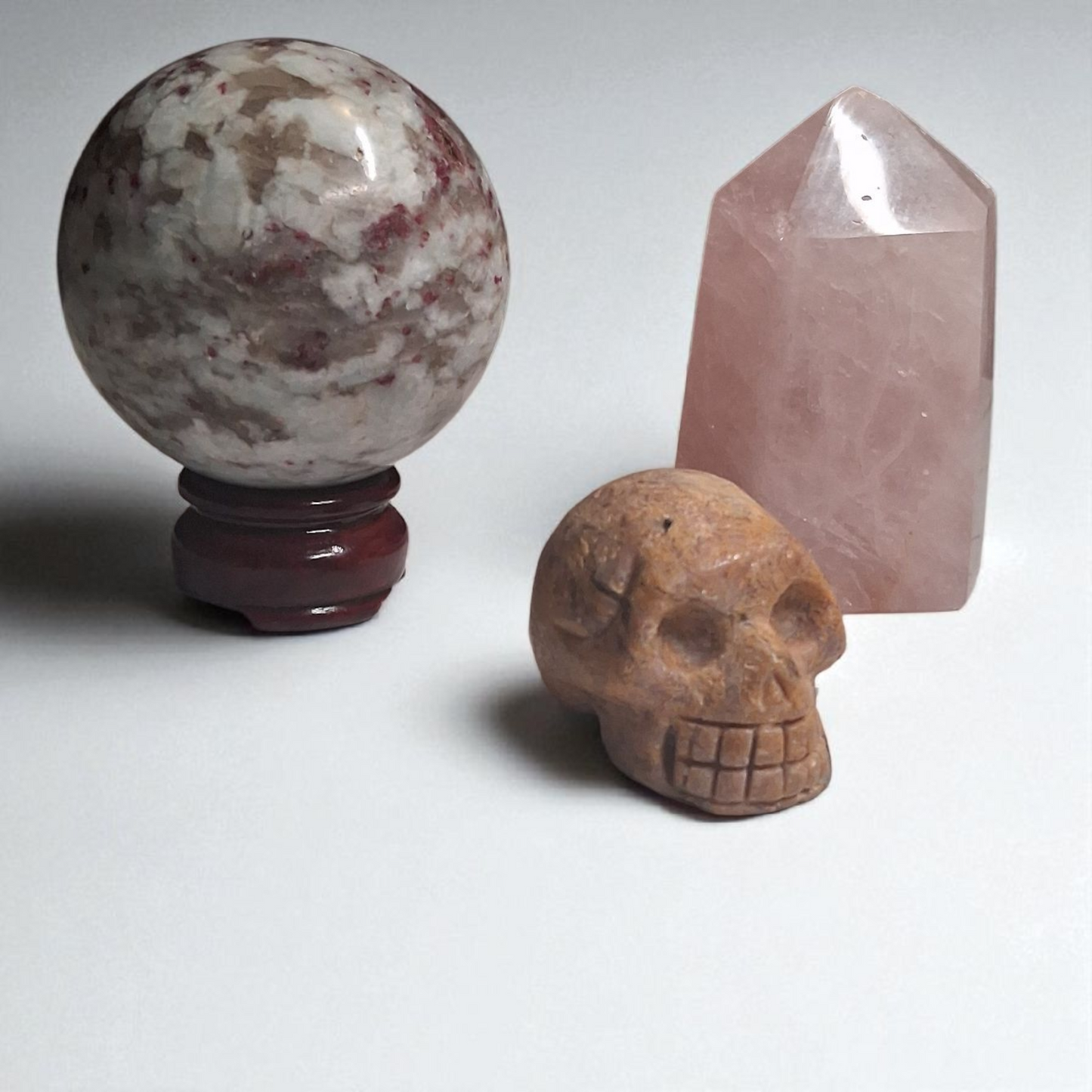 Rubellite Tourmaline Sphere (80mm), Rubellite Tourmaline Skull (2"), & Rose Quartz Tower (3") – Crystal Healing Set