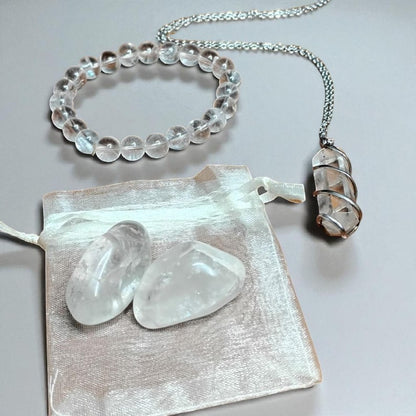 Clear Quartz Crystal Healing Set – Pendant Necklace, Beaded Bracelet, Tumbled Stones & Gift Bag