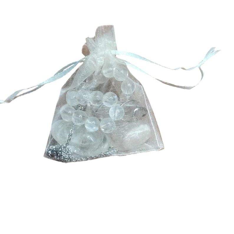 Clear Quartz Crystal Healing Set – Pendant Necklace, Beaded Bracelet, Tumbled Stones & Gift Bag
