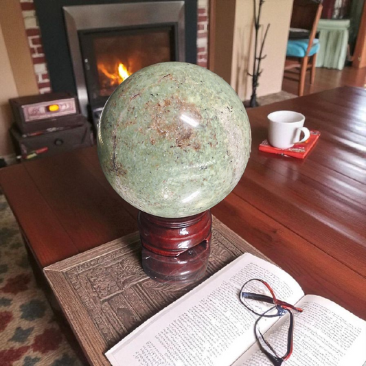 Chrysoprase Crystal Sphere – 80mm Polished Gemstone Ball with Wooden Stand