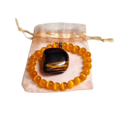 Dark Yellow Cat’s Eye Glass Bead Bracelet with Tiger’s Eye Pendant