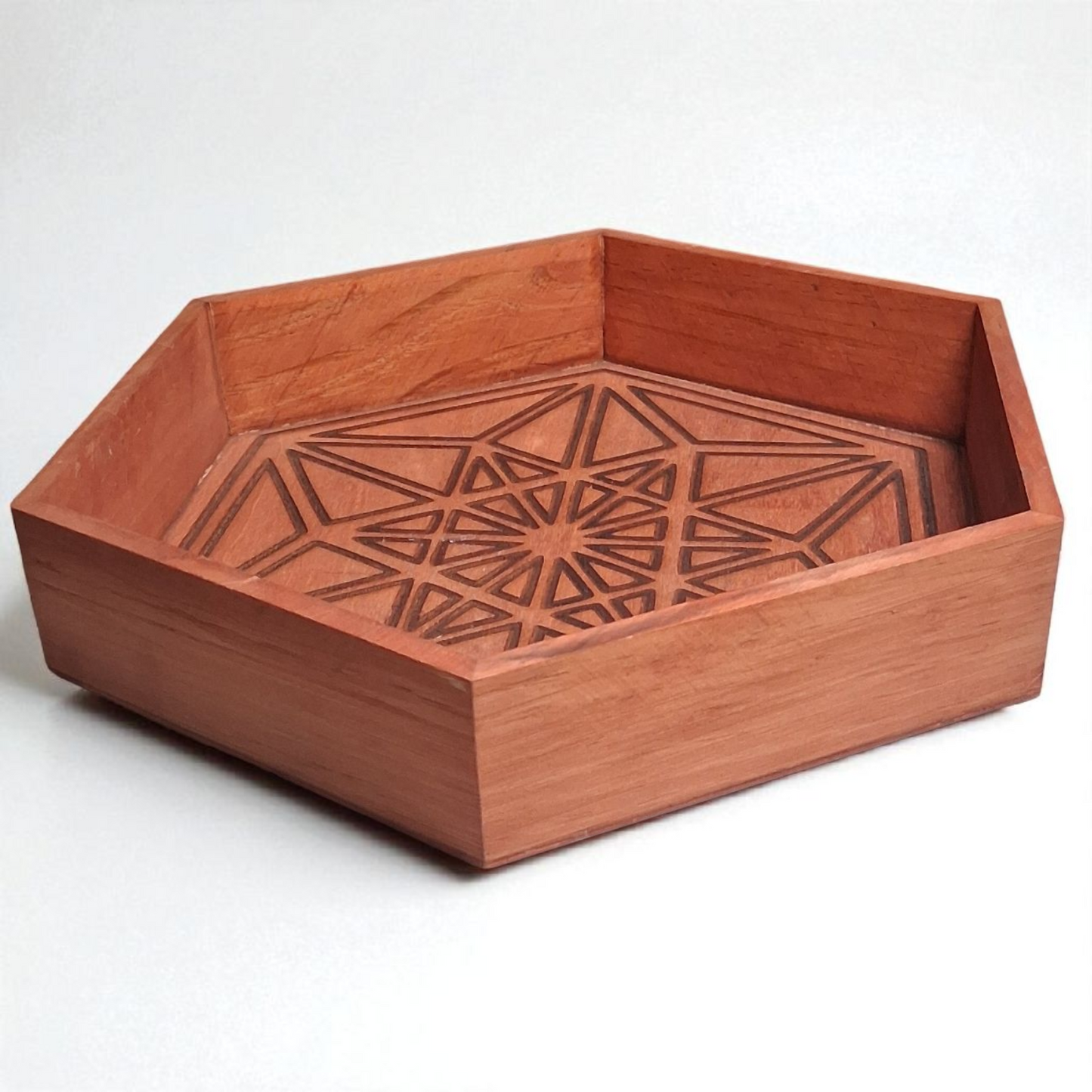 Engraved Wooden Hexagon Tray – 10" x 2" Handcrafted Decorative Storage Box