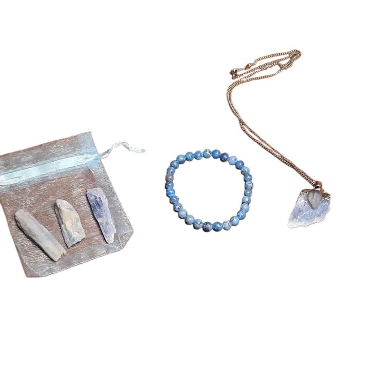 Lapis Lazuli Bracelet with Raw Kyanite Pendant Necklace & 3 Kyanite Crystal Pieces – Healing Crystal Set