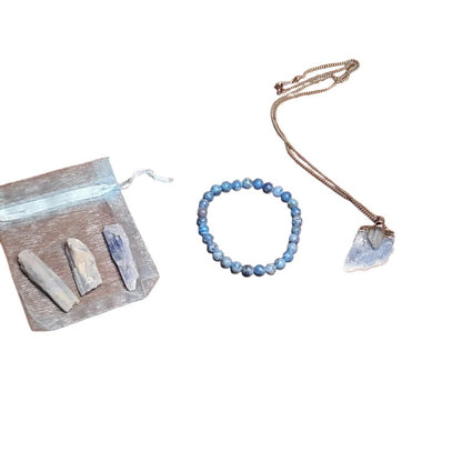 Lapis Lazuli Bracelet with Raw Kyanite Pendant Necklace & 3 Kyanite Crystal Pieces – Healing Crystal Set
