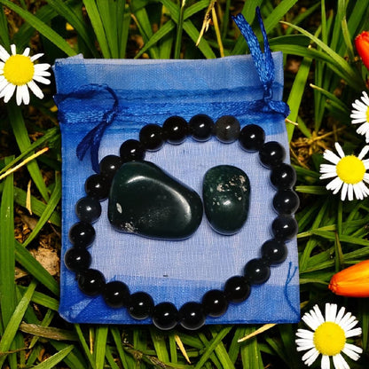 Black Agate Bead Bracelet with Bloodstone Tumbled Stones – Protection & Grounding Crystal Set