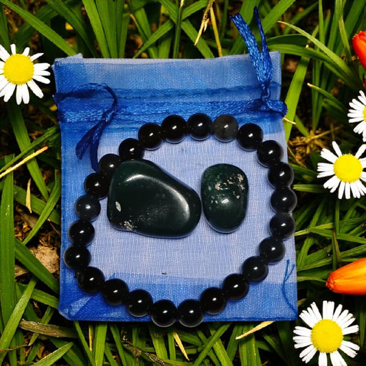 Black Agate Bead Bracelet with Bloodstone Tumbled Stones – Protection & Grounding Crystal Set