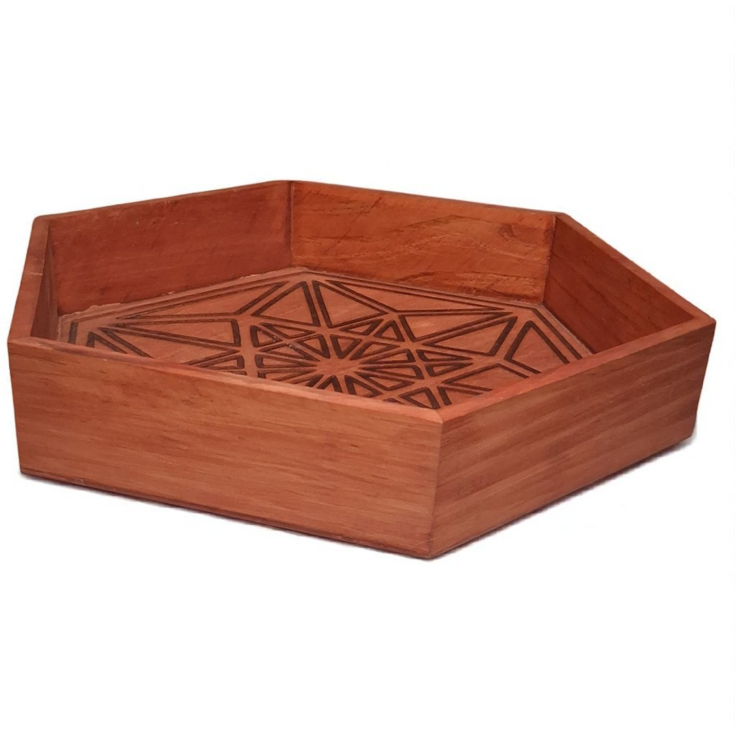 Engraved Wooden Hexagon Tray – 10" x 2" Handcrafted Decorative Storage Box