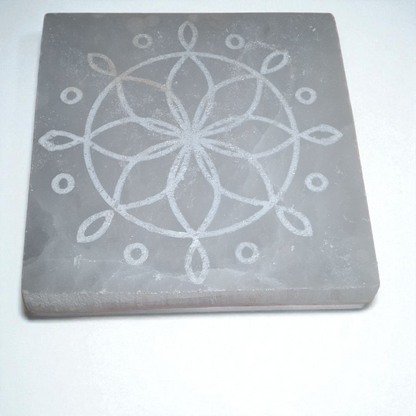 Selenite Engraved Charging Plate – 4.5" x 4.5" x 0.5" Crystal Grid Energy Cleansing Slab