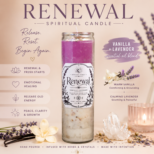 Renewal Spiritual Candle | Vanilla & Lavender Essential Oil Prayer Candle | Intention Candle with Herbs & Crystals | JoyfulBliss Co.