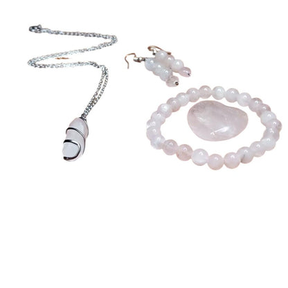 Rose Quartz Crystal Jewelry Set – Necklace, Bracelet, Earrings & Palm Stone with Gift Bag