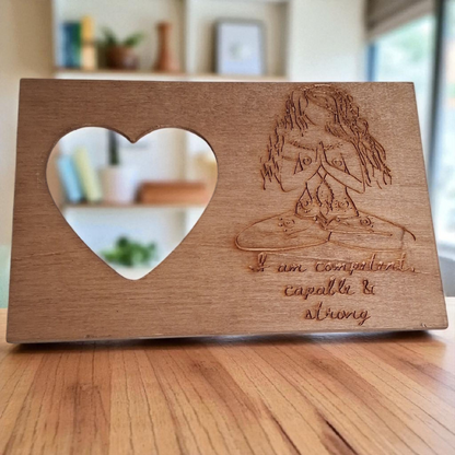 Engraved Wooden Heart Picture Frame – “I Am Confident, Capable & Strong” Yoga Goddess Design – 6x9 Empowerment Decor