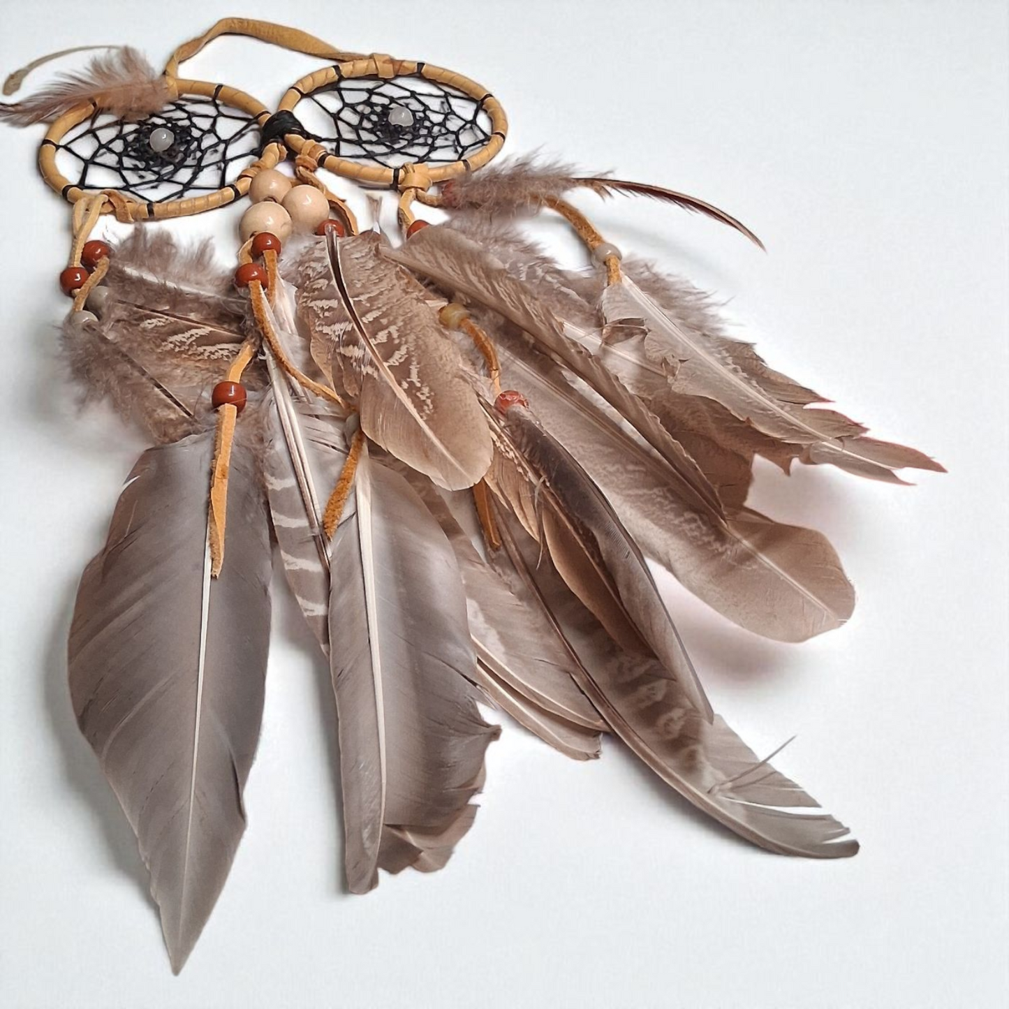 Owl-Themed Double Dream Catcher – 15x6 Handmade Feather Wall Hanging for Protection & Wisdom
