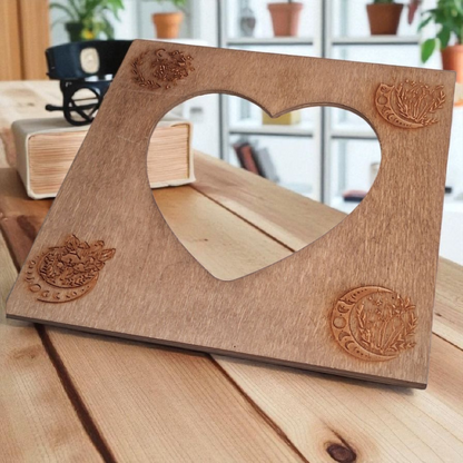 Engraved Wooden Heart Picture Frame – Moon Phase & Botanical Design – 7x7 Boho Spiritual Home Decor