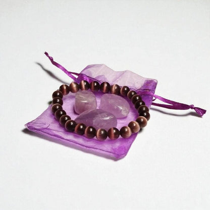 Purple Glass Cat’s Eye Bracelet with 3 Amethyst Tumbled Stones – Intuition, Protection & Spiritual Healing
