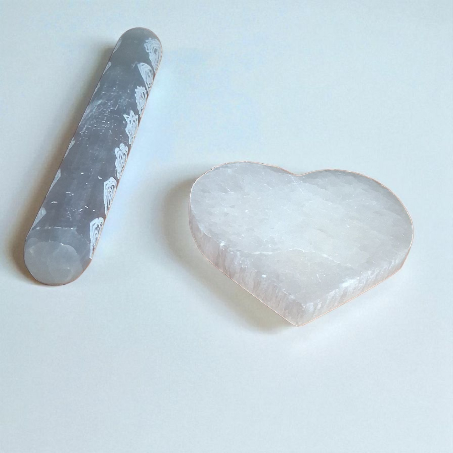 Selenite Engraved Chakra Wand (5") & Engraved Heart (3") – Crystal Energy Healing Set