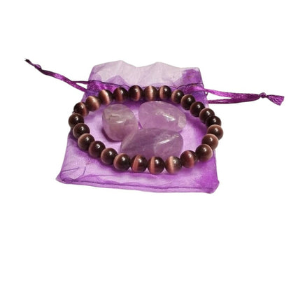 Purple Glass Cat’s Eye Bracelet with 3 Amethyst Tumbled Stones – Intuition, Protection & Spiritual Healing