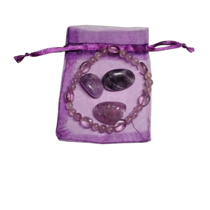 Amethyst Bracelet with 3 Amethyst Tumbled Stones – Calming & Spiritual Healing Crystal Set