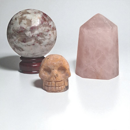 Rubellite Tourmaline Sphere (80mm), Rubellite Tourmaline Skull (2"), & Rose Quartz Tower (3") – Crystal Healing Set