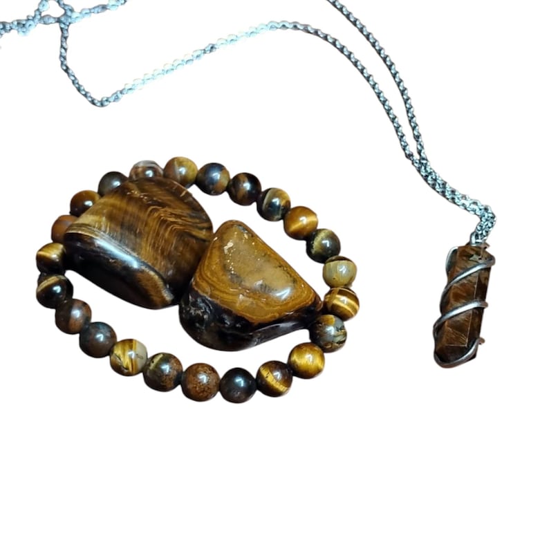 Tiger’s Eye Crystal Healing Set – Pendant Necklace, Beaded Bracelet, Tumbled Stones & Gift Bag