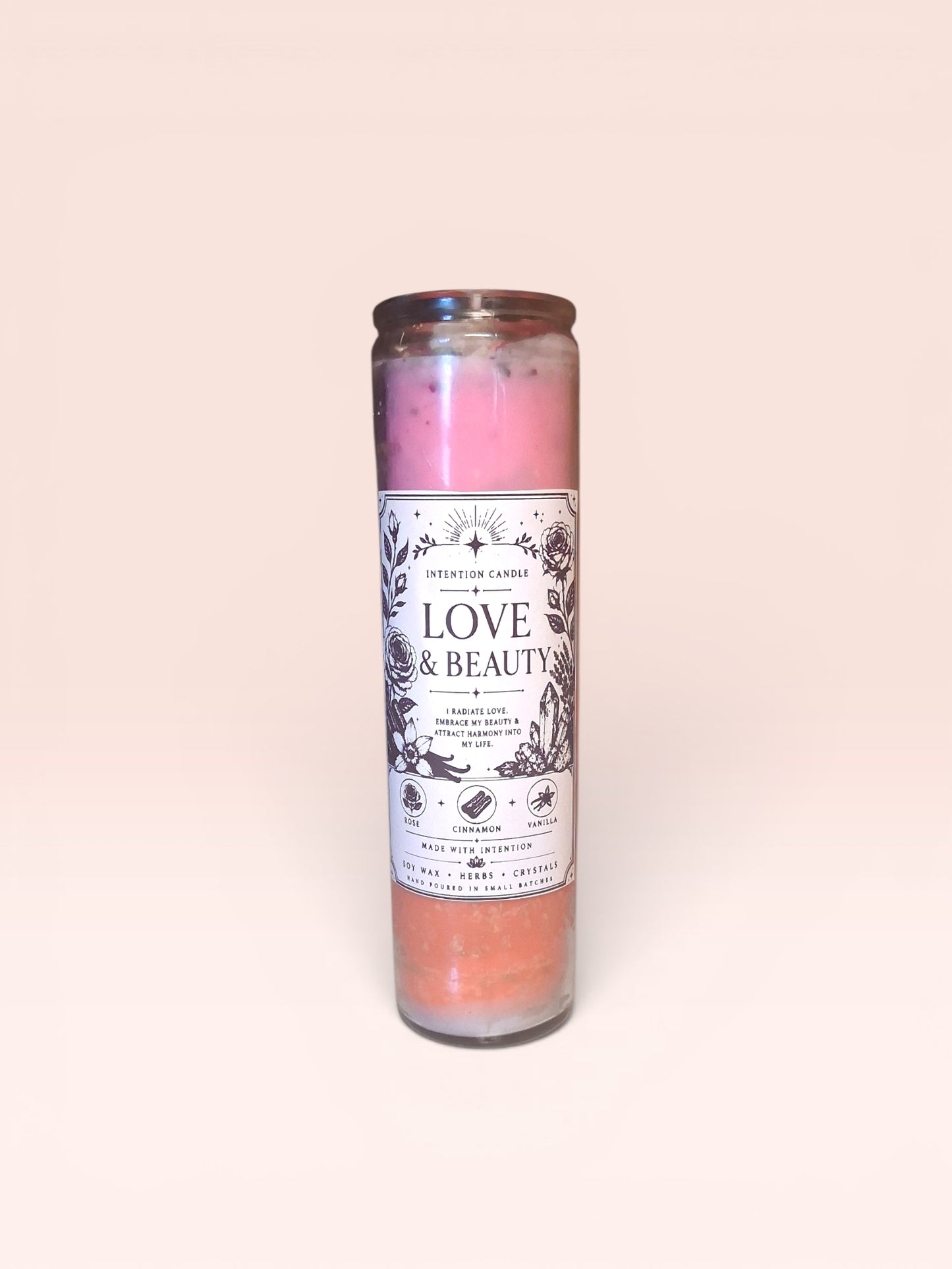 Love & Beauty Intention Candle | Self-Love, Confidence & Emotional Healing Candle | Rose, Cinnamon & Vanilla Soy Wax Candle with Herbs & Crystals