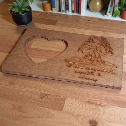 Engraved Wooden Heart Picture Frame – “I Am Confident, Capable & Strong” Yoga Goddess Design – 6x9 Empowerment Decor
