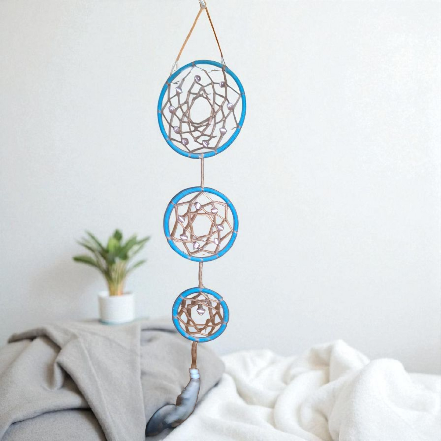 Triple Dream Catcher Wall Hanging – 18x5 Blue/Tan Boho Feather Decor for Peaceful Energy & Protection