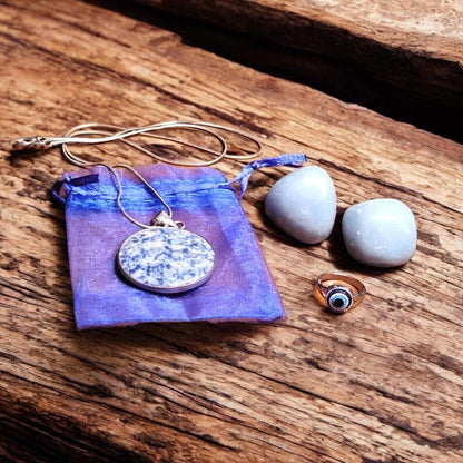 Sodalite Pendant Necklace with Angelite Stones & Evil Eye Protection Ring Set