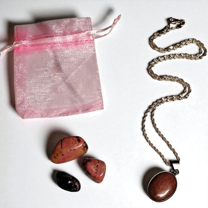 Rhodochrosite Pendant Necklace with Rhodolite Tumbled Stones & Gift Bag Set