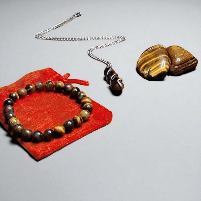 Tiger’s Eye Crystal Healing Set – Pendant Necklace, Beaded Bracelet, Tumbled Stones & Gift Bag