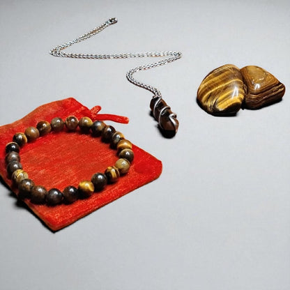 Tiger’s Eye Crystal Healing Set – Pendant Necklace, Beaded Bracelet, Tumbled Stones & Gift Bag