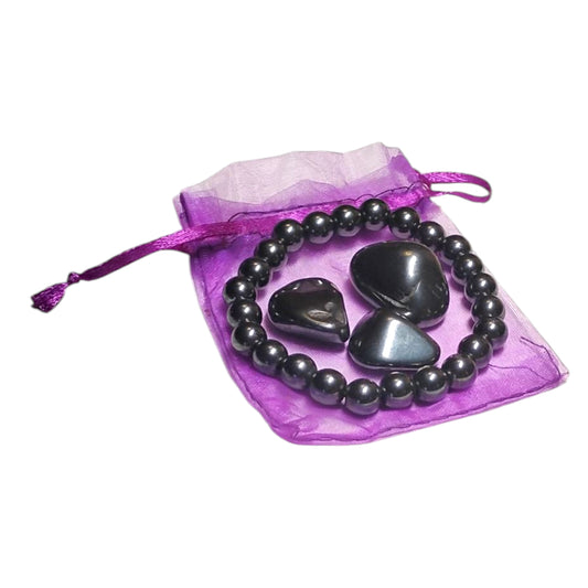 Hematite Bracelet & Tumbled Stone Set – Grounding, Protection & Balance Kit