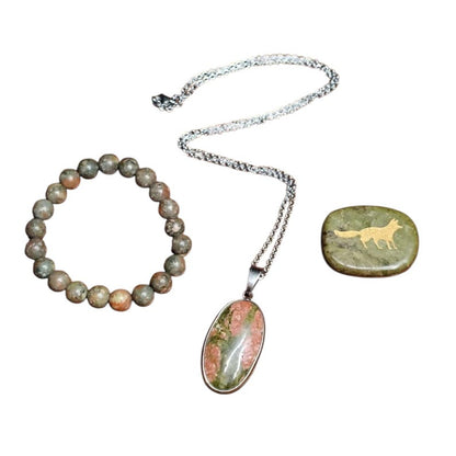 Unakite Crystal Jewelry & Totem Set Pendant Necklace, Beaded Bracelet , Engraved Fox Stone
